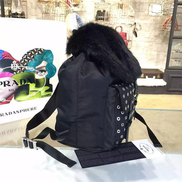 Prada Tessuto Grommet Nylon Backpack with Mink Fur 30cm Fall Winter 2016 Bag Collection Black