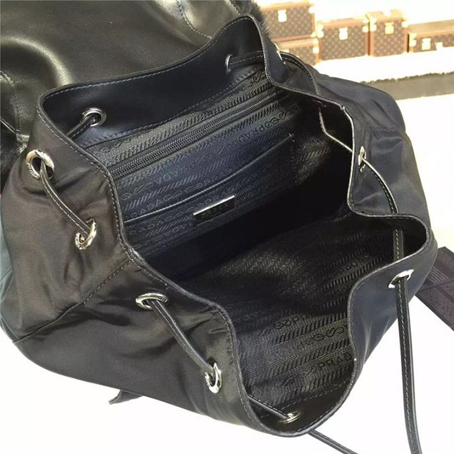 Prada Tessuto Grommet Nylon Backpack with Mink Fur 30cm Fall Winter 2016 Bag Collection Black