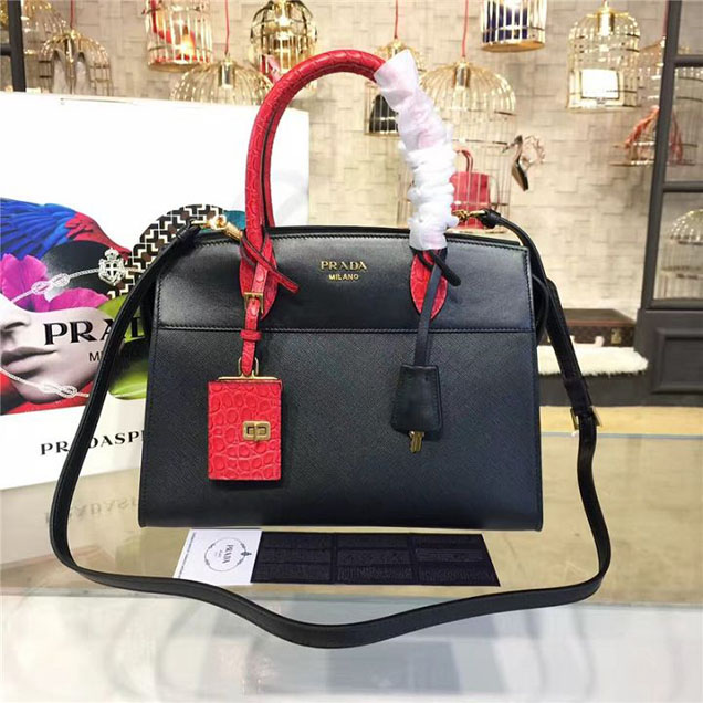 Prada Esplanade City Satchel Bag Saffiano Leather Croco Handles 30cm Fall Winter 2016 Bag Collection Red Black