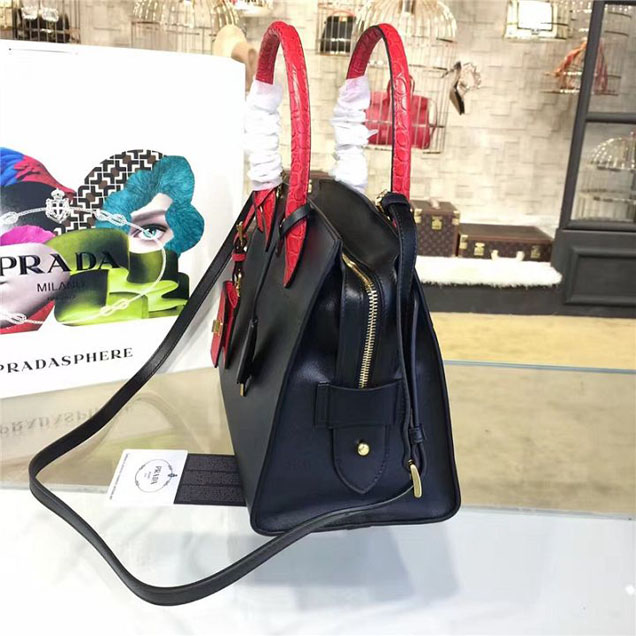 Prada Esplanade City Satchel Bag Saffiano Leather Croco Handles 30cm Fall Winter 2016 Bag Collection Red Black