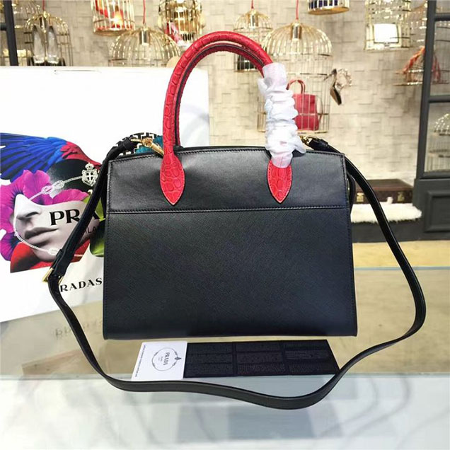 Prada Esplanade City Satchel Bag Saffiano Leather Croco Handles 30cm Fall Winter 2016 Bag Collection Red Black