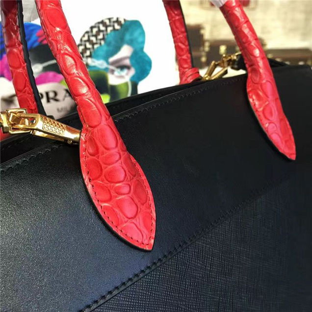 Prada Esplanade City Satchel Bag Saffiano Leather Croco Handles 30cm Fall Winter 2016 Bag Collection Red Black