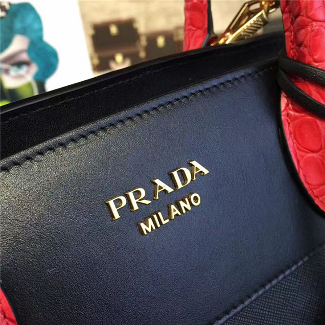 Prada Esplanade City Satchel Bag Saffiano Leather Croco Handles 30cm Fall Winter 2016 Bag Collection Red Black