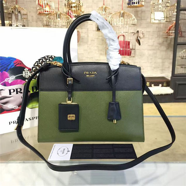 Prada Esplanade City Satchel Bag Saffiano Leather 30cm Fall Winter 2016 Bag Collection Olive Green Black