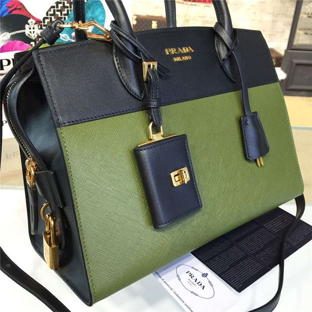 Prada Esplanade City Satchel Bag Saffiano Leather 30cm Fall Winter 2016 Bag Collection Olive Green Black