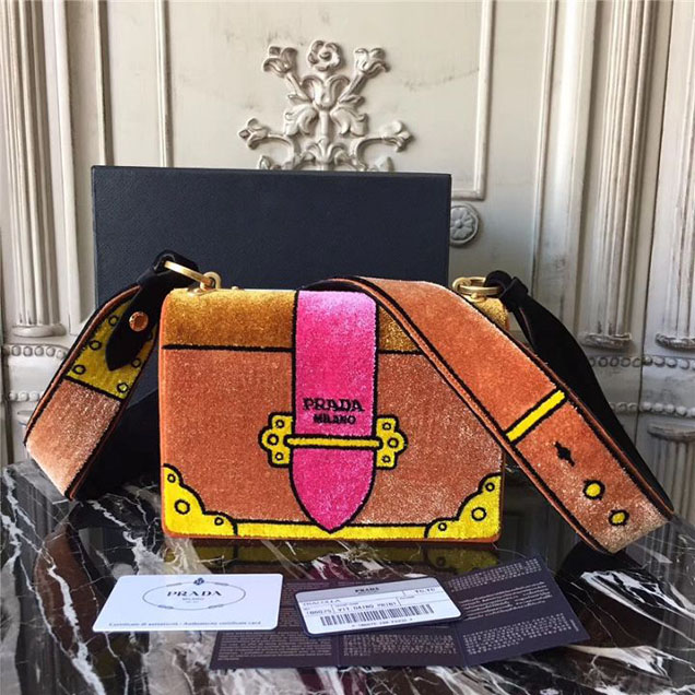 Prada Trompe L'oeil Velvet Cahier Bag 20cm 1BD075 Fall Winter 2017 Bag Collection Orange Fuchsia