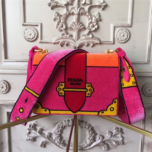 Prada Trompe L'oeil Velvet Cahier Bag 20cm 1BD075 Fall Winter 2017 Bag Collection Fuchsia Orange