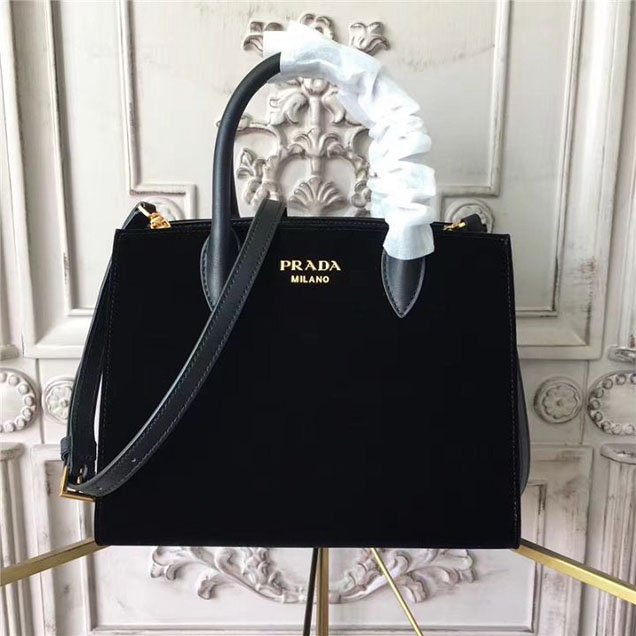 Prada Bibliotheque Tote Bag 26cm Suede Calfskin Leather Fall Winter 2017 Bag Collection Black Black