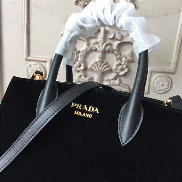 Prada Bibliotheque Tote Bag 26cm Suede Calfskin Leather Fall Winter 2017 Bag Collection Black Black