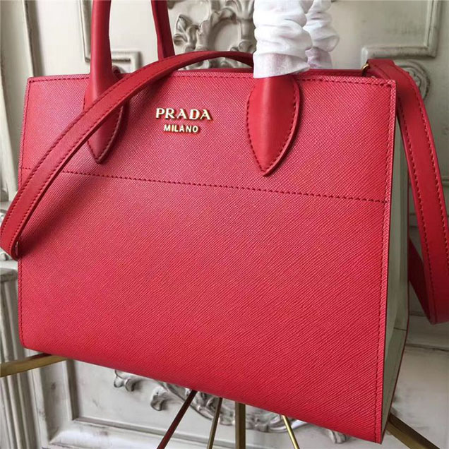 Prada Bibliotheque Tote Bag 26cm Calfskin Leather Fall Winter 2017 Bag Collection Red White