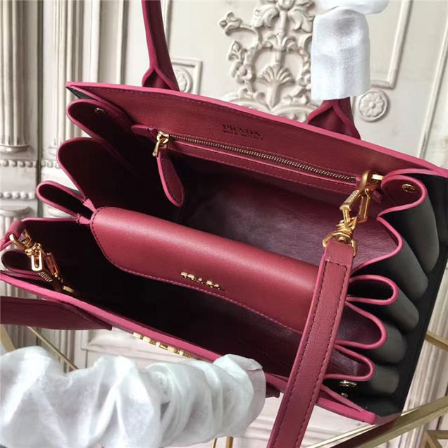 Prada Bibliotheque Tote Bag 26cm Calfskin Leather Fall Winter 2017 Bag Collection Burgundy Black