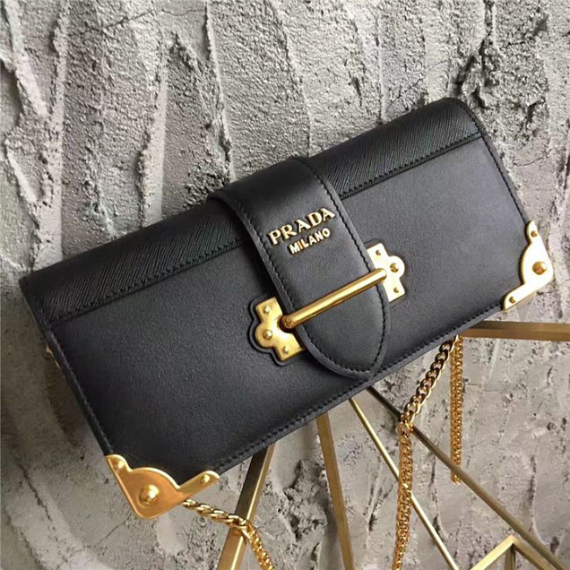 Prada Cahier Long Clutch with Chain Bag 25cm Calfskin Leather Fall Winter 2017 Bag Collection Black Black