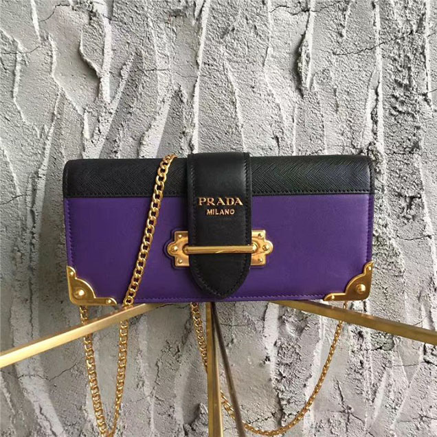 Prada Cahier Long Clutch with Chain Bag 25cm Calfskin Leather Fall Winter 2017 Bag Collection Purple Black