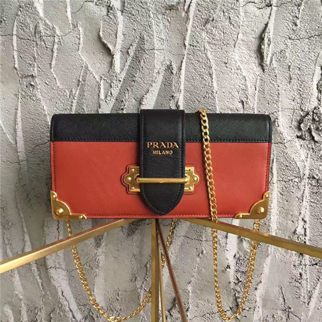 Prada Cahier Long Clutch with Chain Bag 25cm Calfskin Leather Fall Winter 2017 Bag Collection Orange Black