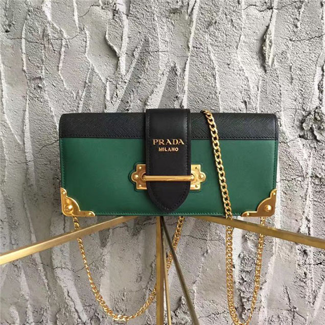 Prada Cahier Long Clutch with Chain Bag 25cm Calfskin Leather Fall Winter 2017 Bag Collection Green Black