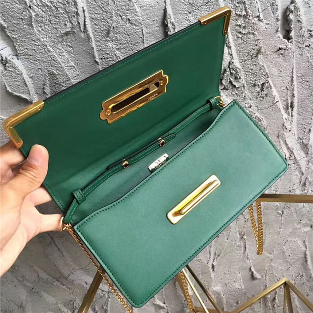 Prada Cahier Long Clutch with Chain Bag 25cm Calfskin Leather Fall Winter 2017 Bag Collection Green Black