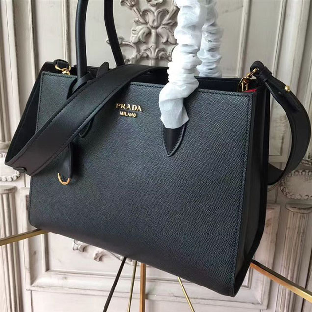 Prada Bibliothèque Saffiano 30cm Bag 1BA153 Calfskin Leather Fall Winter 2017 Bag Collection Black Red