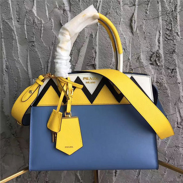 Prada Paradigme Saffiano 30cm Bag 1BA103 Calfskin Leather Fall Winter 2017 Bag Collection Astral Blue Sunny Yellow