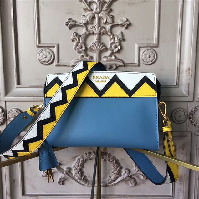 Prada Esplanade Saffiano Shoulder Bag 22cm 1BH049 Calfskin Leather Fall Winter 2017 Bag Collection Astral Blue Sunny Yellow