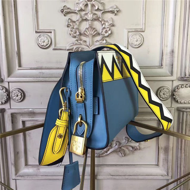 Prada Esplanade Saffiano Shoulder Bag 22cm 1BH049 Calfskin Leather Fall Winter 2017 Bag Collection Astral Blue Sunny Yellow