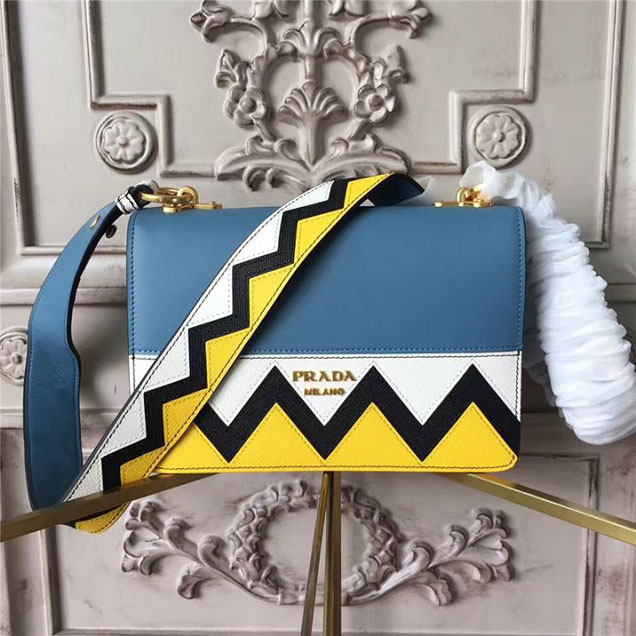 Prada Esplanade Saffiano Shoulder Flap Bag 22cm 1BH049 Calfskin Leather Fall Winter 2017 Bag Collection Astral Blue Sunny Yellow