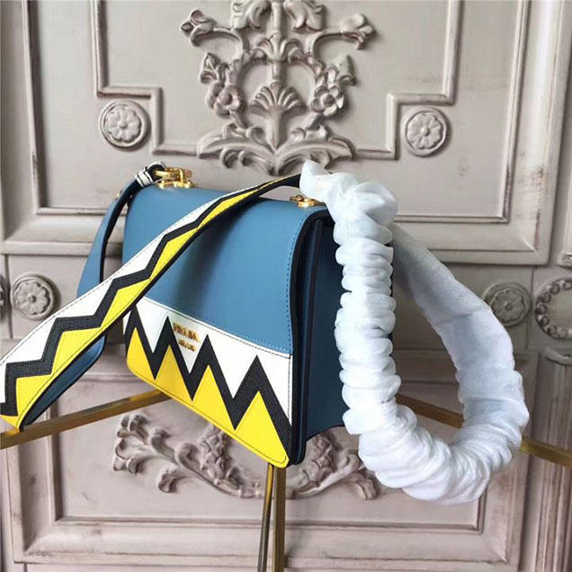 Prada Esplanade Saffiano Shoulder Flap Bag 22cm 1BH049 Calfskin Leather Fall Winter 2017 Bag Collection Astral Blue Sunny Yellow