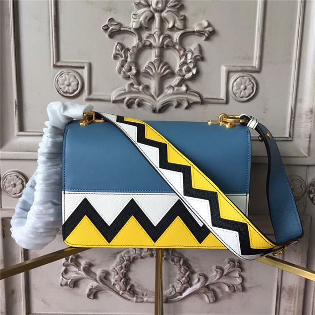 Prada Esplanade Saffiano Shoulder Flap Bag 22cm 1BH049 Calfskin Leather Fall Winter 2017 Bag Collection Astral Blue Sunny Yellow