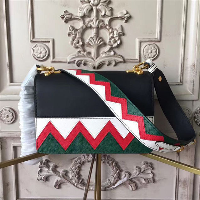 Prada Esplanade Saffiano Shoulder Flap Bag 22cm 1BH049 Calfskin Leather Fall Winter 2017 Bag Collection Black Red