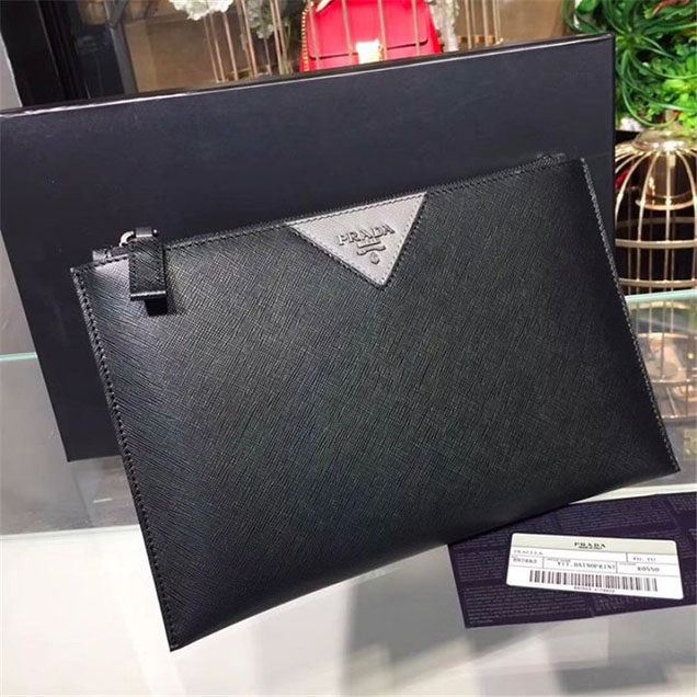 Prada Saffiano Cuir Men Colorblock Pouch 28cm Calfskin Leather Fall Winter 2017 Collection Black Grey