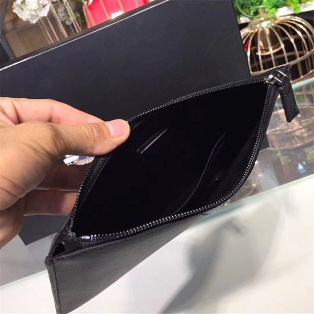 Prada Saffiano Cuir Men Colorblock Pouch 28cm Calfskin Leather Fall Winter 2017 Collection Black Grey
