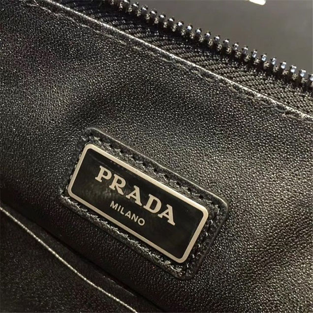Prada Saffiano Cuir Men Colorblock Pouch 28cm Calfskin Leather Fall Winter 2017 Collection Black Grey