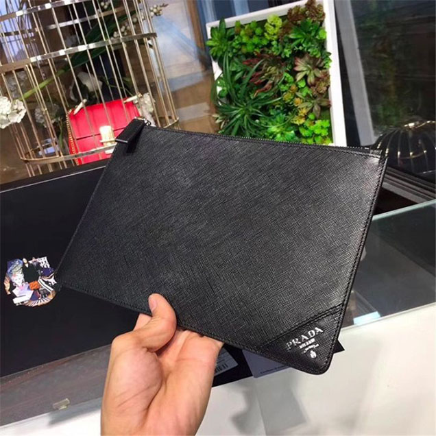 Prada Saffiano Cuir Men Pouch 28cm Calfskin Leather Fall Winter 2017 Collection Black