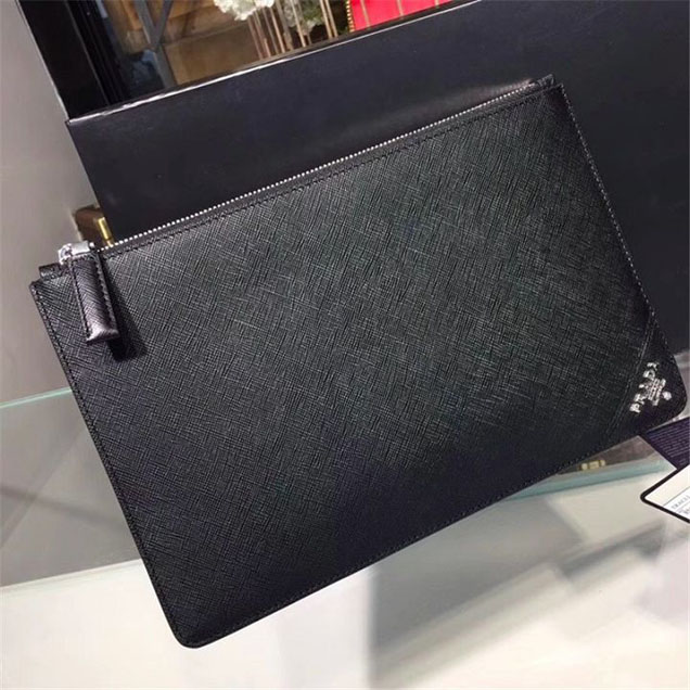 Prada Saffiano Cuir Men Pouch 28cm Calfskin Leather Fall Winter 2017 Collection Black