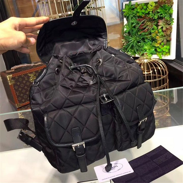 Prada Nylon Quilted Fabric Single Handle Backpack 30cm Bag 1BZ811 Calfskin Leather Fall Winter 2017 Collection Black