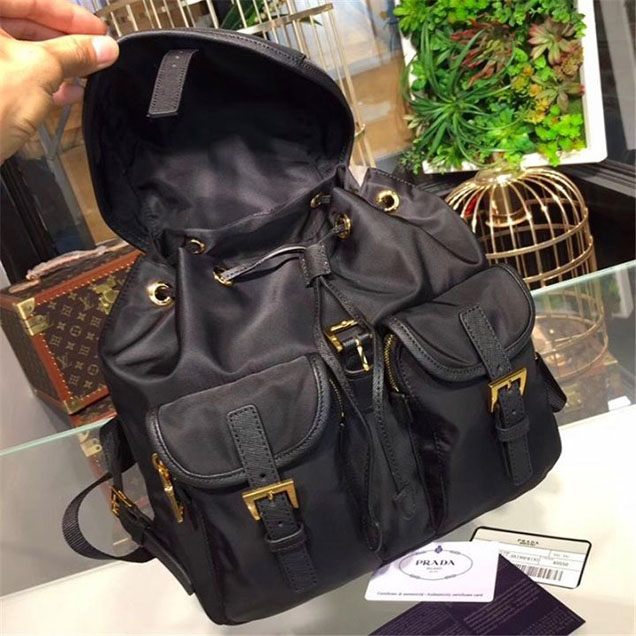Prada Nylon Fabric Single Handle Backpack 28cm Bag 1BZ677 Calfskin Leather Fall Winter 2017 Collection Black