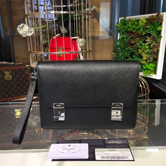Prada Saffiano Leather Flap Bag 25cm Bag 2VF013 Calfskin Leather Fall Winter 2017 Collection Black
