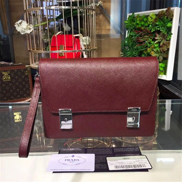 Prada Saffiano Leather Flap Bag 25cm Bag 2VF013 Calfskin Leather Fall Winter 2017 Collection Burgundy