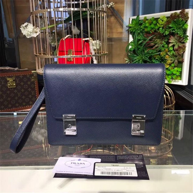 Prada Saffiano Leather Flap Bag 25cm Bag 2VF013 Calfskin Leather Fall Winter 2017 Collection Navy Blue