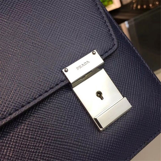 Prada Saffiano Leather Flap Bag 25cm Bag 2VF013 Calfskin Leather Fall Winter 2017 Collection Navy Blue