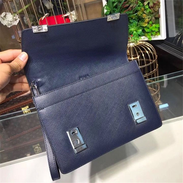 Prada Saffiano Leather Flap Bag 25cm Bag 2VF013 Calfskin Leather Fall Winter 2017 Collection Navy Blue