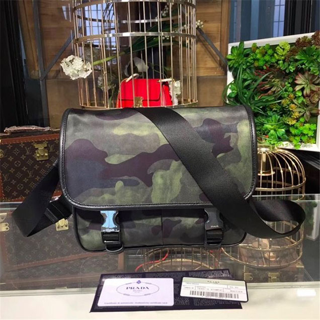Prada Camouflage Nylon Flap Messenger Bag 26cm Bag 2VD769 Calfskin Leather Fall Winter 2017 Collection Green
