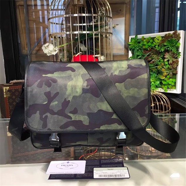 Prada Camouflage Nylon Flap Messenger Bag 31cm Bag 2VD769 Calfskin Leather Fall Winter 2017 Collection Green
