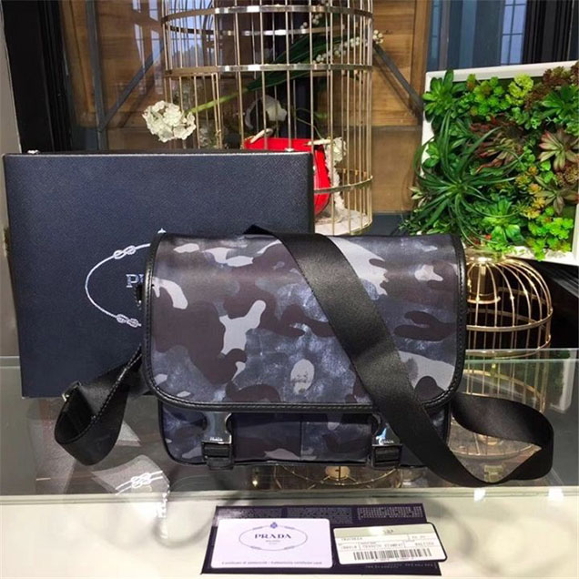 Prada Camouflage Nylon Flap Messenger Bag 26cm Bag 2VD769 Calfskin Leather Fall Winter 2017 Collection Blue