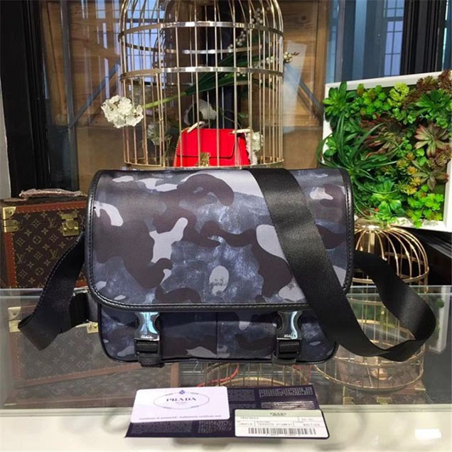 Prada Camouflage Nylon Flap Messenger Bag 26cm Bag 2VD769 Calfskin Leather Fall Winter 2017 Collection Blue