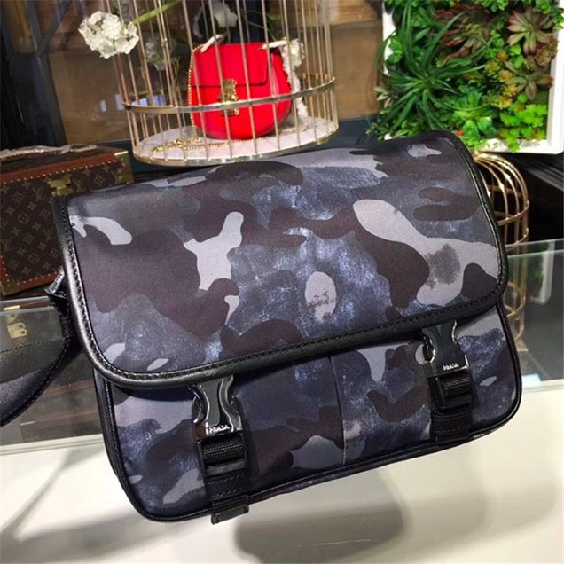 Prada Camouflage Nylon Flap Messenger Bag 26cm Bag 2VD769 Calfskin Leather Fall Winter 2017 Collection Blue