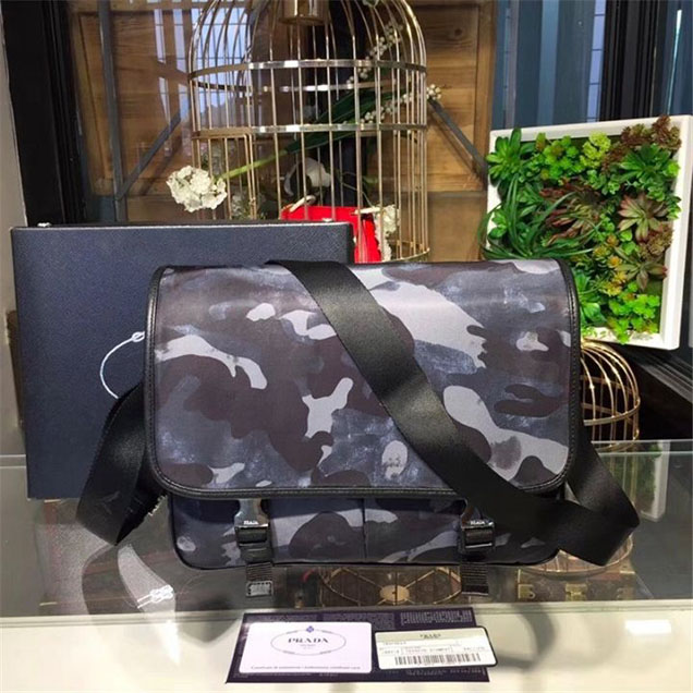 Prada Camouflage Nylon Flap Messenger Bag 31cm Bag 2VD769 Calfskin Leather Fall Winter 2017 Collection Blue