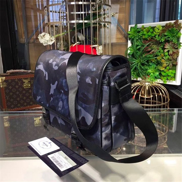 Prada Camouflage Nylon Flap Messenger Bag 31cm Bag 2VD769 Calfskin Leather Fall Winter 2017 Collection Blue