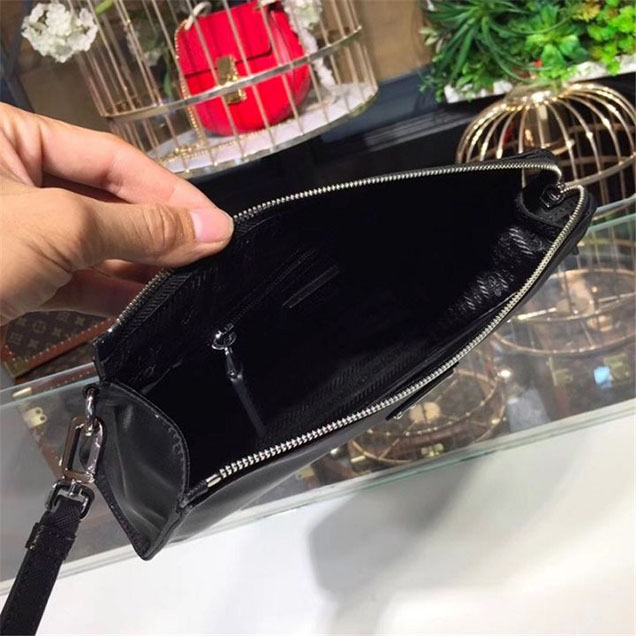 Prada Nylon 24cm Pouch BR4994 Calfskin Leather Fall Winter 2017 Collection Black