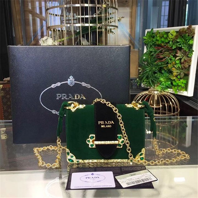 Prada Velvet Cahier Crystal-Embellished 18cm Bag 1BD045 Calfskin Leather Fall Winter 2017 Collection Green Black