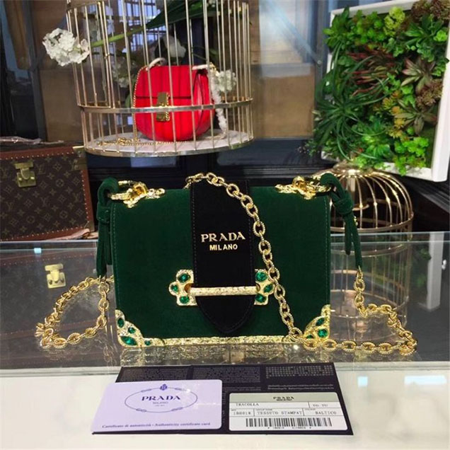 Prada Velvet Cahier Crystal-Embellished 18cm Bag 1BD045 Calfskin Leather Fall Winter 2017 Collection Green Black